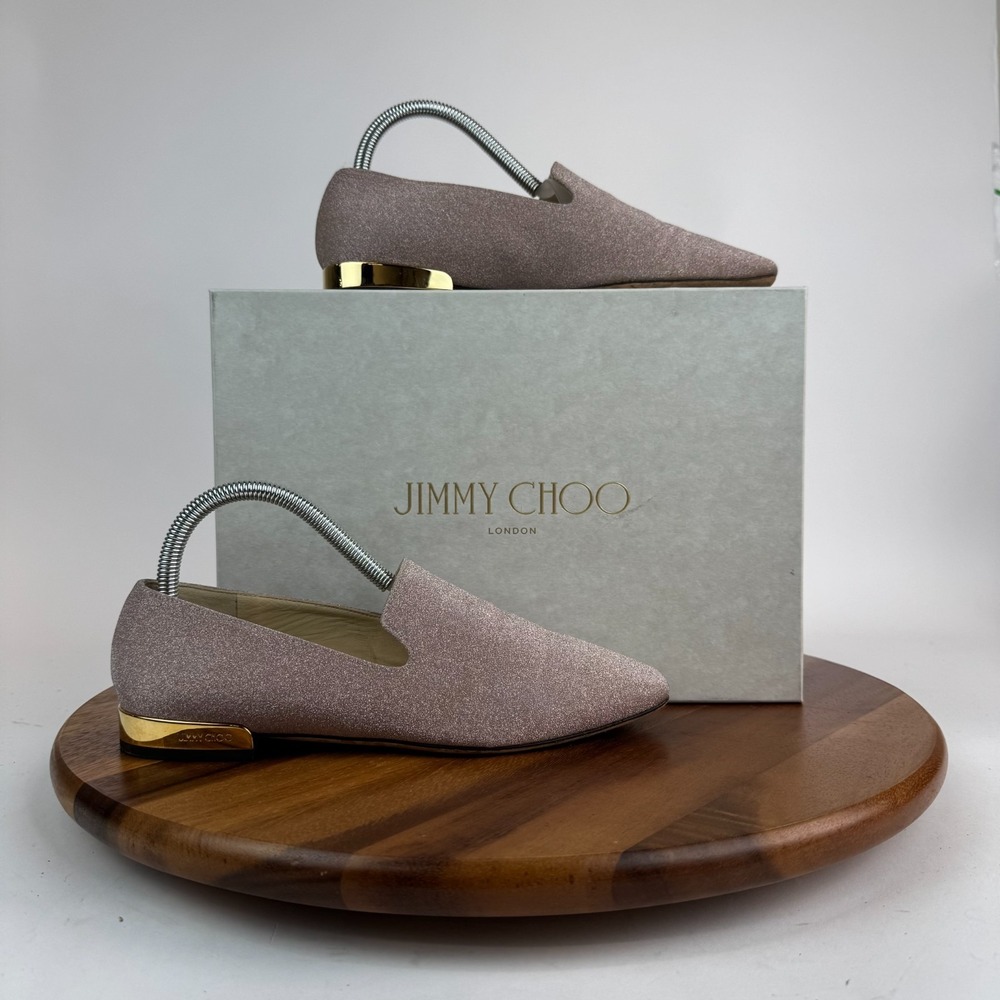 Women's Jimmy Choo Jaida Pink Glitter Slip On Loafers Shoes Size 38 US 8 GUC